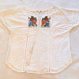 ANTHROPOLOGIE Under Skies Boho Embroidered White Women's Top w Tassels